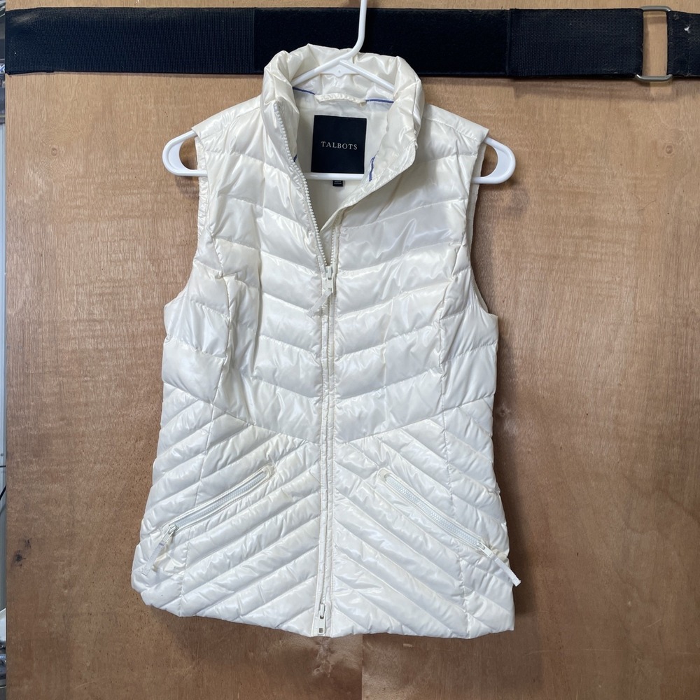 Talbots Puffer Vest Womens XS Cream White Full Zip Jacket + Pockets Down Filled